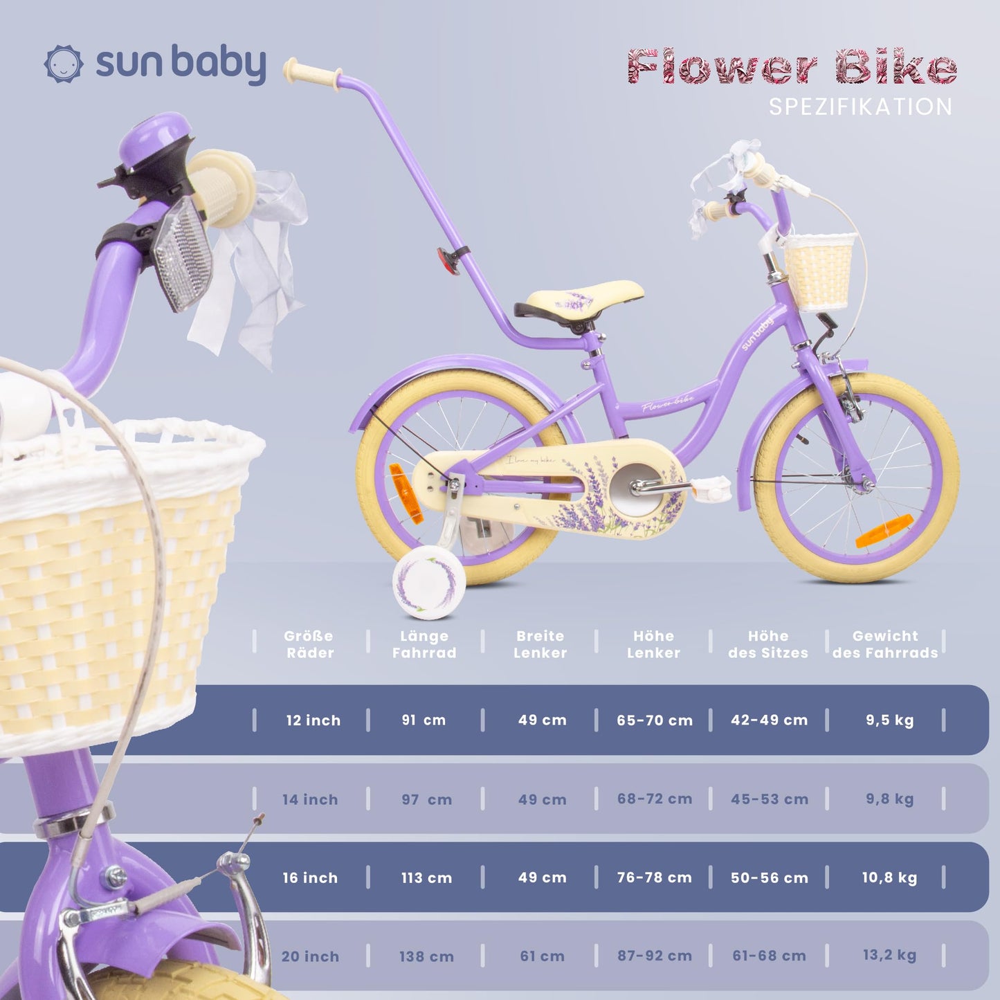 sun baby Mädchenfahrrad Flower Bike Radgröße zur Auswahl, mit Abnehmbarer Schubstange, Kinderfahrrad für Mädchen von 2 bis 6 Jahre