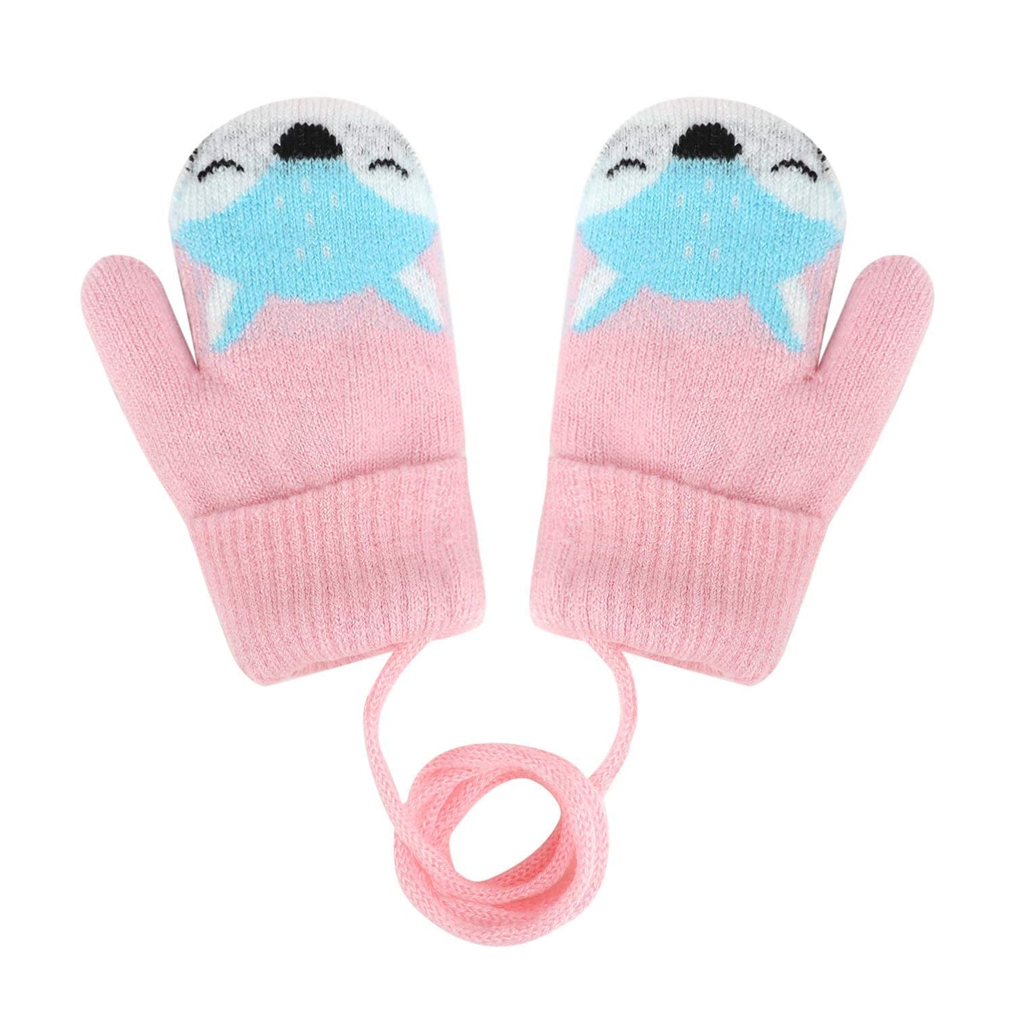 Kids Winter Gloves Mittens Baby Cartoon Mitten Neck Gloves Thick Double Knitted Glove with Plush,0 - 3 years old, Playing, Running, Skiing