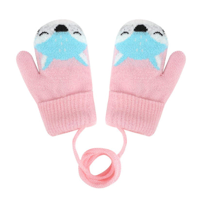 Kids Winter Gloves Mittens Baby Cartoon Mitten Neck Gloves Thick Double Knitted Glove with Plush,0 - 3 years old, Playing, Running, Skiing