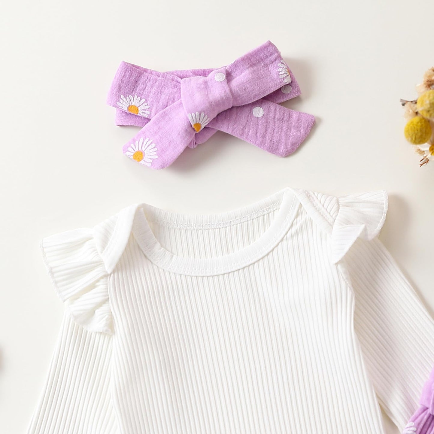 Geagodelia Baby Mädchen Kleidung Babykleidung Outfit Set Langarm Body Strampler + Gänseblümchen Hose + Stirnband Neugeborene Weiche Babyset