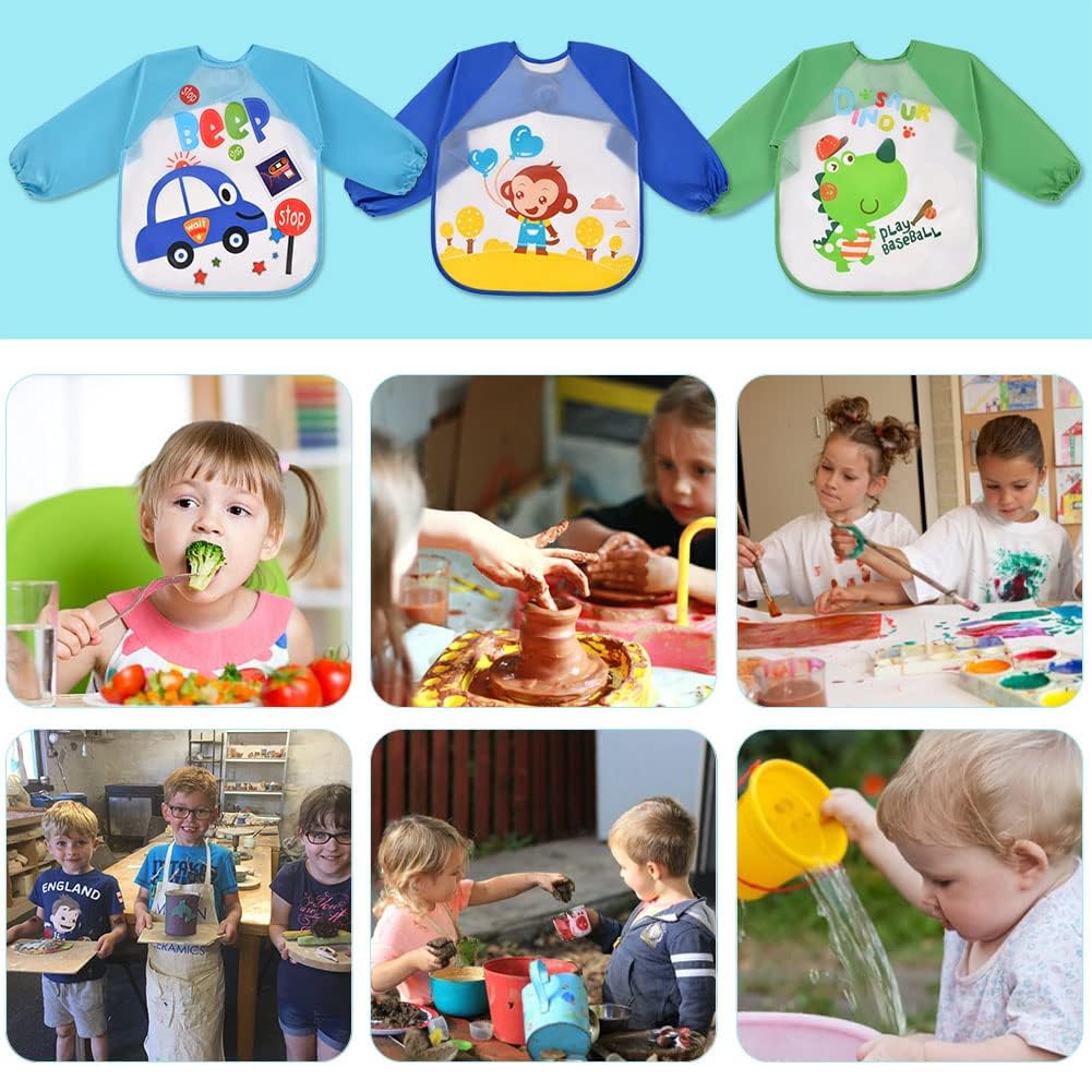 Vicloon Waterproof Baby Bibs, 5pcs Baby Bibs with Long Sleeves, Sleeved Bibs, Unisex Bib Set for Eating, Arts, Crafts, Painting, Playing (Pink, Blue, Green, Yellow) 