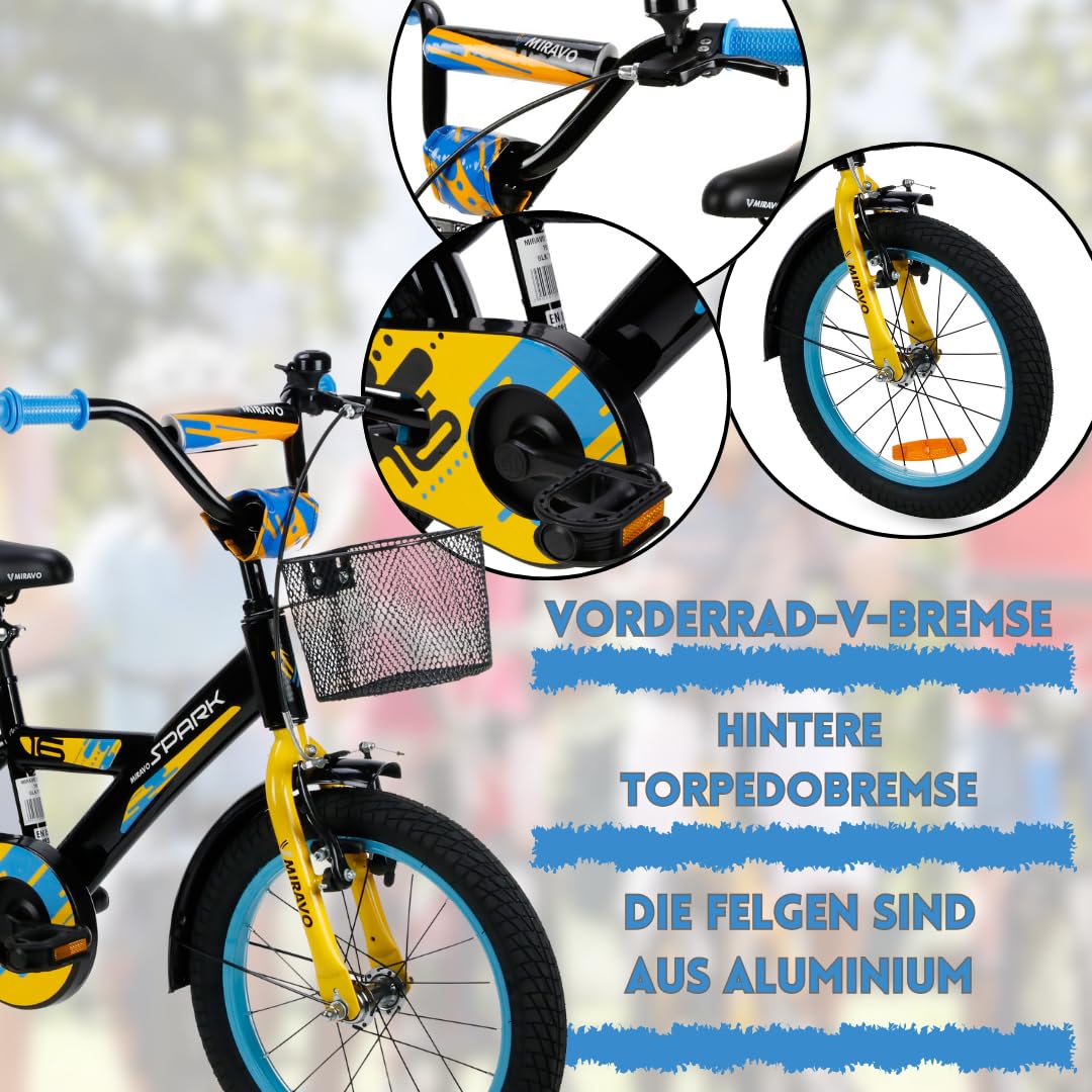 MIRAVO Kinderfahrrad Fahrrad Kinder Ab 2 Bis 8 Jahre Mit Stützrädern Schubstange V-Brake Bremsen Rückstrahl Aufkleber 12 16 20 Zoll Radgröße Korb Für Junge Spark - Meloni2