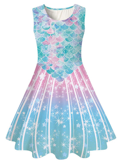 AIDEAONE Mädchenkleid Schmetterling A-Linie Ärmelloses Sommerkleid Buntes Kleid 4-12 Jahre