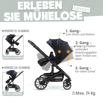 Pixini Neyla Combi Pushchair with Accessories (3-in-1 Set with Baby Seat Black/Black)