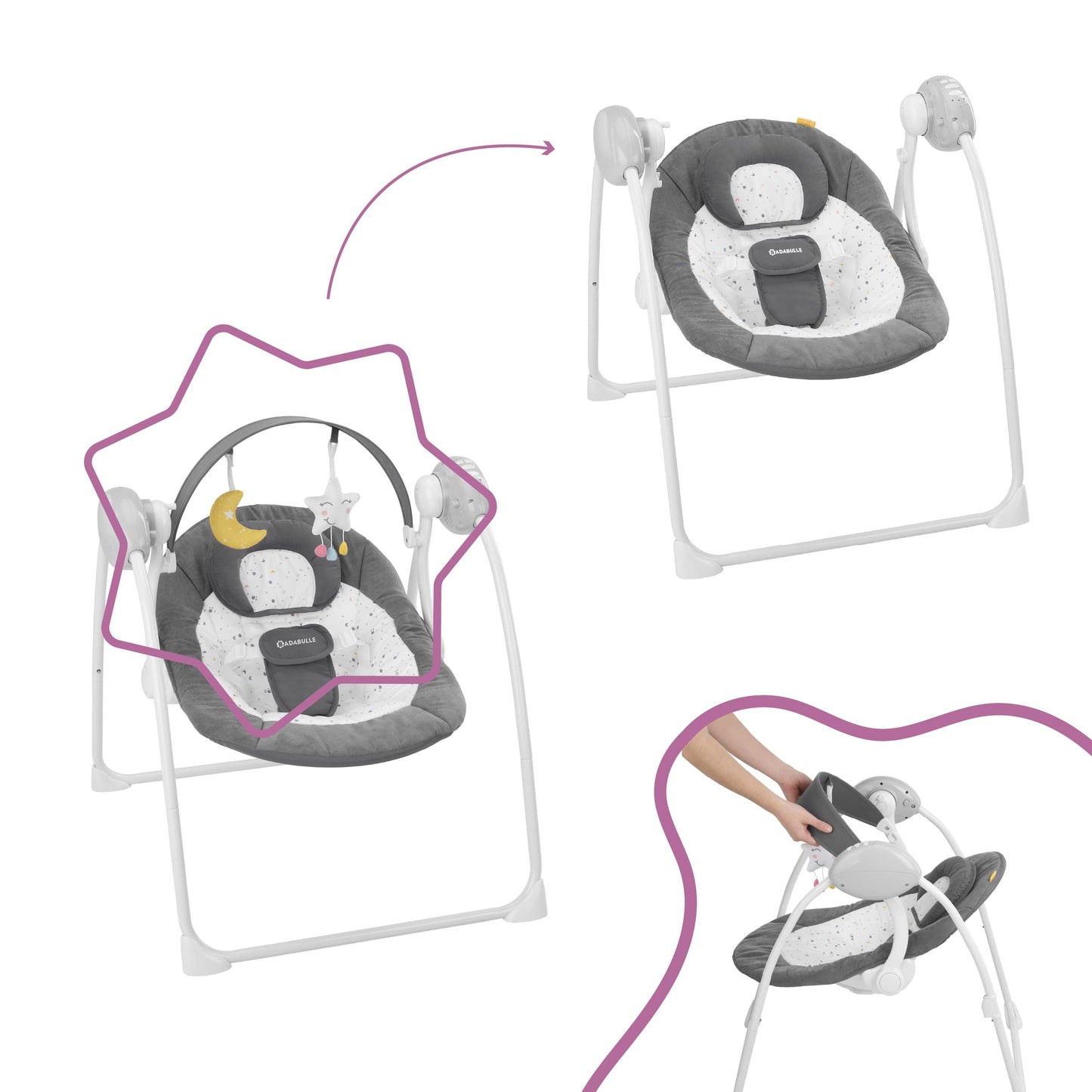 Badabulle Comfort Moonlight electric baby bouncer and baby swing, with 3 swing speeds, timer and 8 melodies
