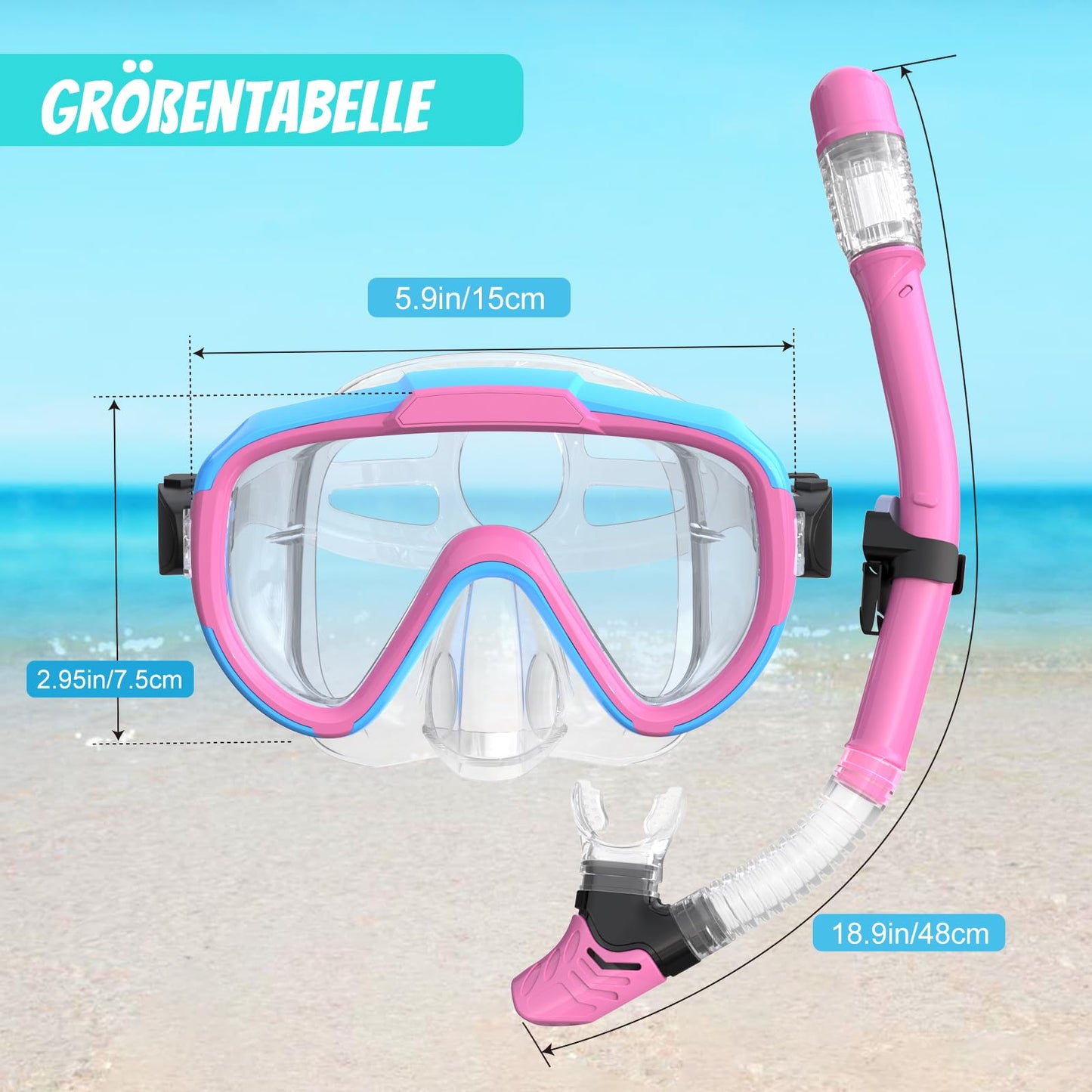 Lealinga Children's Snorkel Set with 180° Anti-Fog Panoramic Wide View Diving Mask and Dry Snorkel Snorkelling Set, Anti-Leak Snorkel Mask with Nose Protection for Boys and Girls