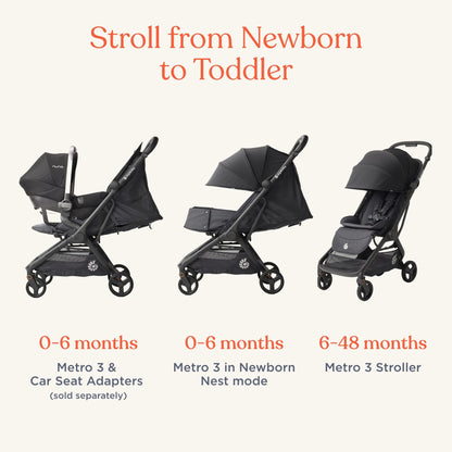 Ergobaby Metro3 Kinderwagen Buggy mit Liegefunktion, Baby-Buggy ab Geburt bis 22kg (0-4 Jahre), Zusammenklappbar und Autositz Kompatibel, höhenverstellbarer Griff, ergonomischer Sitz, Graphite Grey