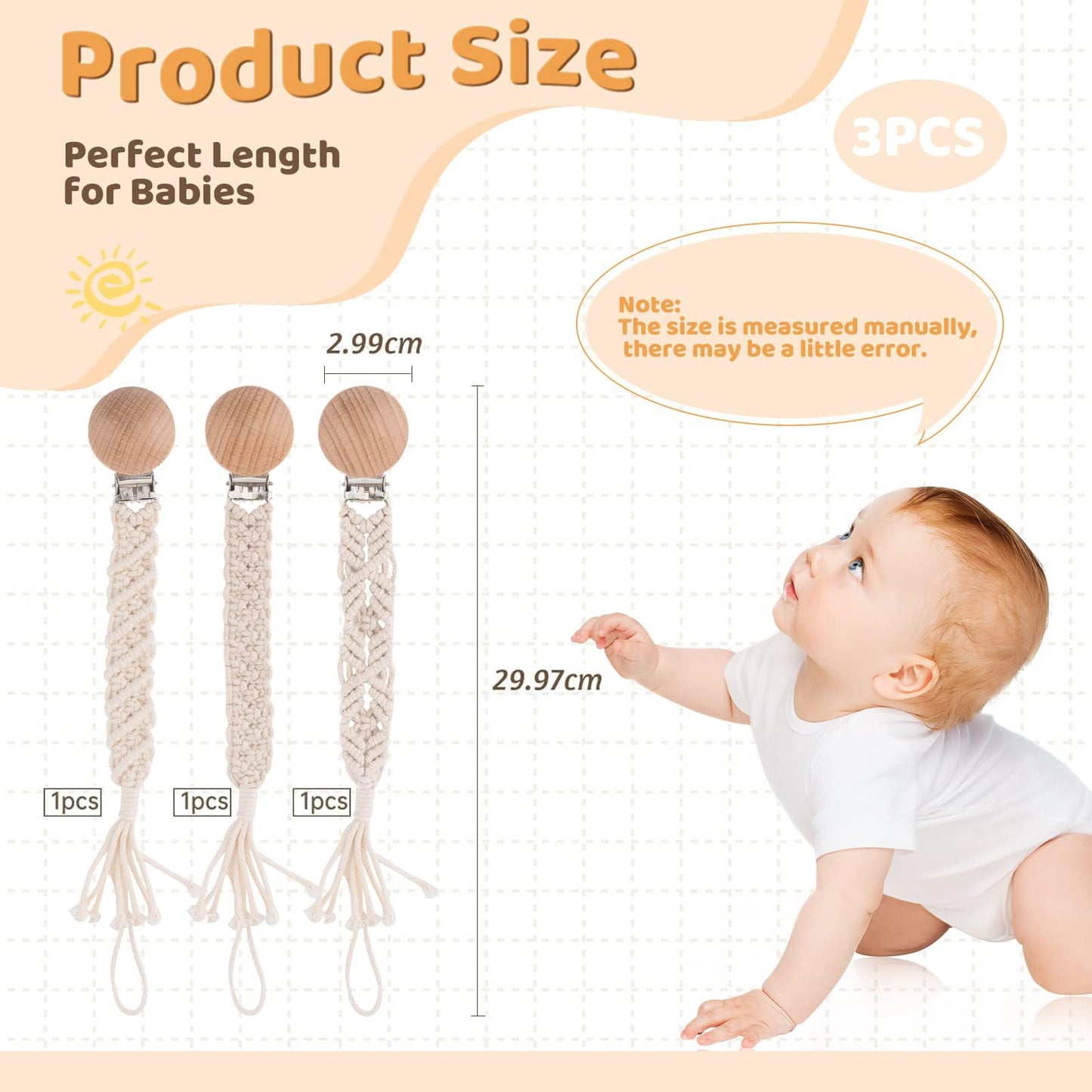 IOSPKKIO® 3 Stück Schnullerclip für Jungen und Mädchen, Schnullerhalter, mit Holzklammern, Handgefertigt, Geflochtene Baumwolle, Babyparty, Geburtstagsgeschenk(Beige)