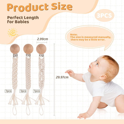 IOSPKKIO® 3 Stück Schnullerclip für Jungen und Mädchen, Schnullerhalter, mit Holzklammern, Handgefertigt, Geflochtene Baumwolle, Babyparty, Geburtstagsgeschenk(Beige)