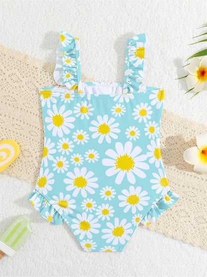 JiAmy Einteiliger Mädchen Badeanzug Blumenmuster Rüschen Elastischen Trägern Ärmellos Kleinkinder Schwimmkleidung für 2–7 Jahre/92-122