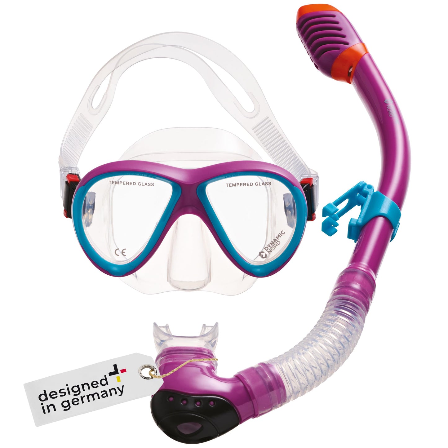 DYNAMICNORD - Kinder Schnorchelset – Designed in Germany – Profi Silikon 2er Set Tauchset Schnorchelset für Kinder (Taucherbrille, Trocken Schnorchel & Netztasche) mit Dry Schnorchel & Sicherheitsglas