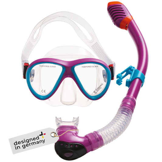 DYNAMICNORD - Kinder Schnorchelset – Designed in Germany – Profi Silikon 2er Set Tauchset Schnorchelset für Kinder (Taucherbrille, Trocken Schnorchel & Netztasche) mit Dry Schnorchel & Sicherheitsglas