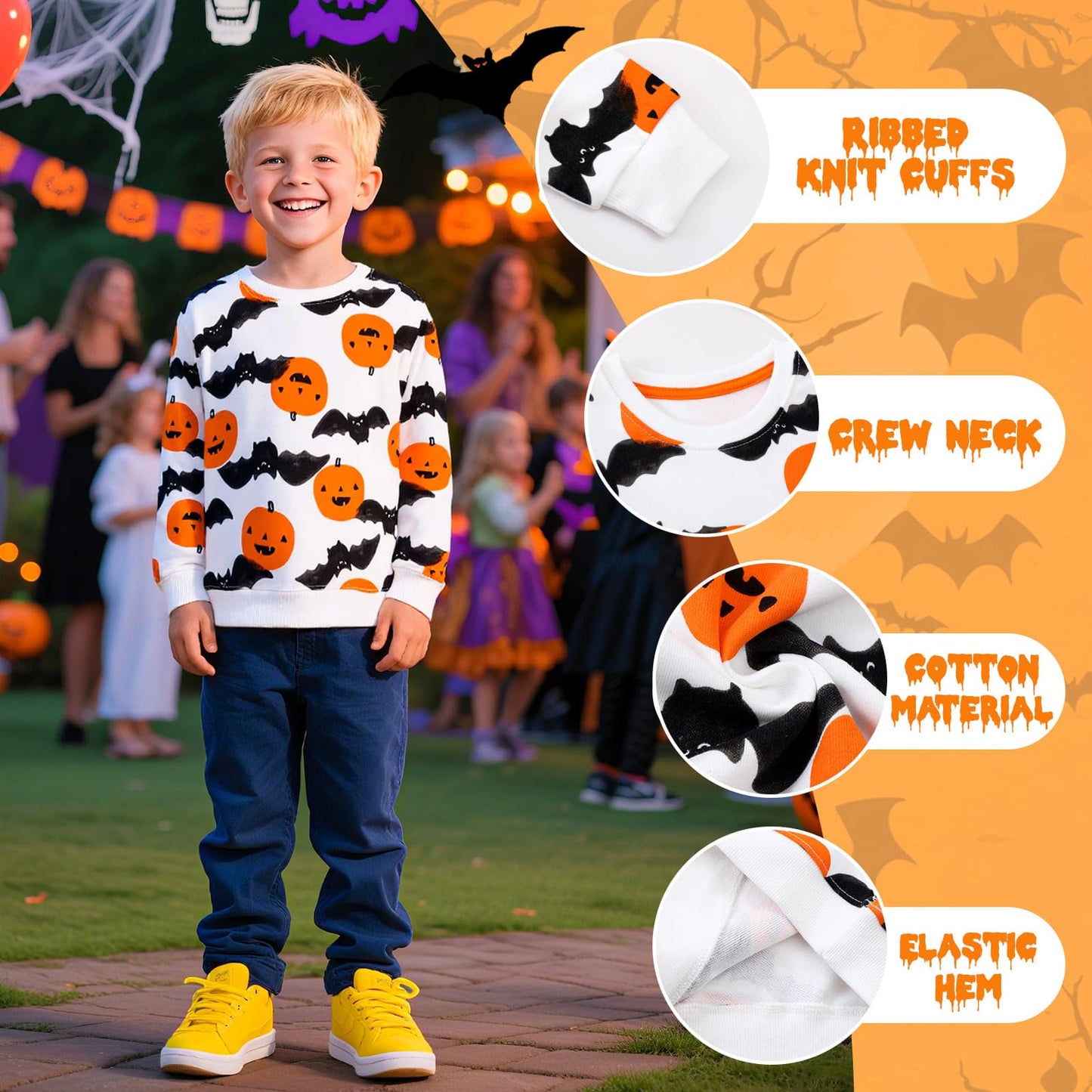 Baogaier Sweatshirt für Jungen Halloween Kürbisse Fledermaus Drucken Baumwolle Pullover Kinder Langarm Rundhalsausschnitt Shirt Activewear Tops Kleinkind Kleidung 2-7 Jahre, Gr.92-122