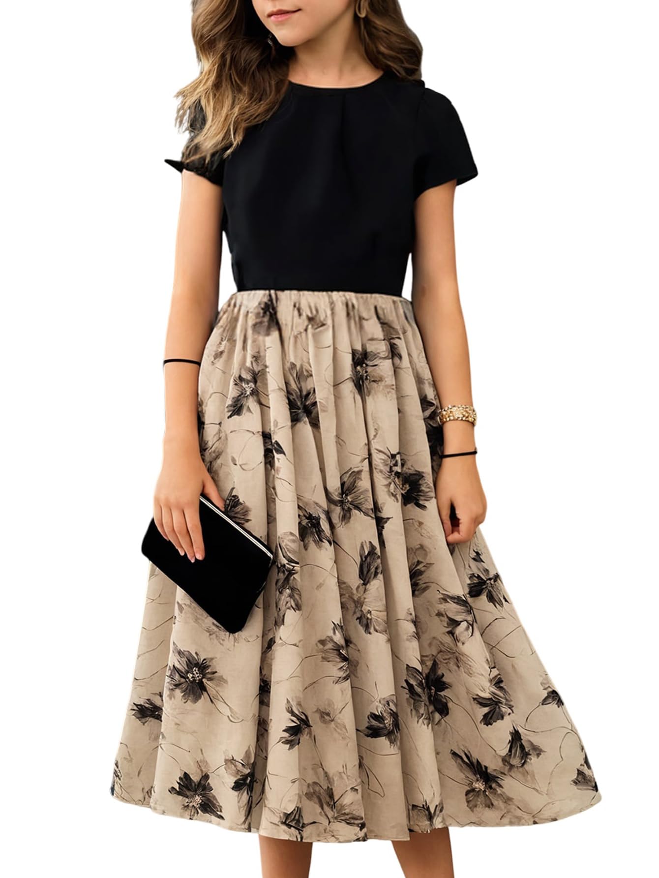 SweatyRocks Mädchen Kleid Blümchenmuster Sommerkleid Kurzarm Midikleid Rundkragen Kleider Langes Blumenkleid A Linie Freizeitkleid Casualkleid