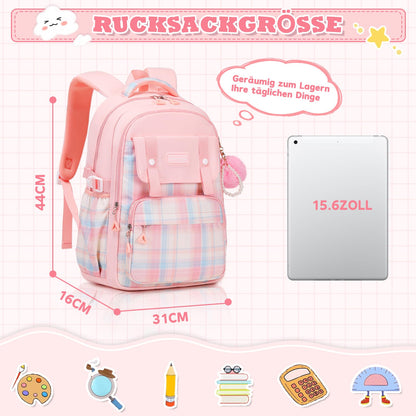 Rucksack mädchen 22L ergonomisch mit reflektierenden Streifen | Wasserdichtes Karogewebe, atmungsaktives 3D-Rückenpolster, zahlreiche getrennte Fächer, passend für 15,6-Zoll-Laptops