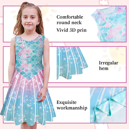 kids4ever Mädchen Kleid Ärmellos Sommerkleid Rundhals A-Linie Swing Kleid Meerjungfrau Galaxie Prinzessin Party Geburtstag 4-12 Jahre