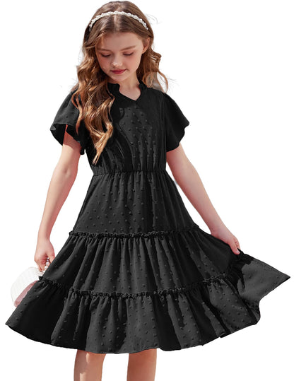 Arshiner Mädchen Kleid Festliches Rüschenärmel Sommerkleider V-Ausschnitt Partykleid Swiss Dot Stufenkleid Kinder A-Linie Swing Kinderkleid mit Tasche 3-12 Jahre