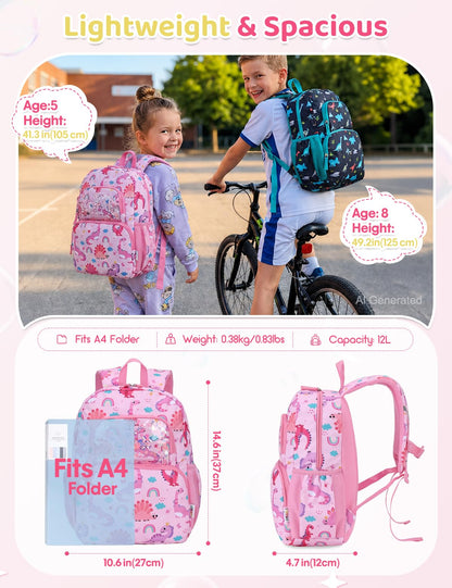 Kinderrucksack für Mädchen 5–8 Jahre, 12L Leichter & Wasserabweisender mit Brustgurt, Perfekt für Vorschule & Grundschule，Regenbogen