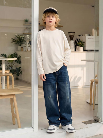 Baggy Jeans Jungen Weites Bein Gummibund Denim Jeanshosen Gr.120-170 | Baumwolle Lässige kinder Jeans Jungen Elastischer Freizeithose für 5-14 Jahren