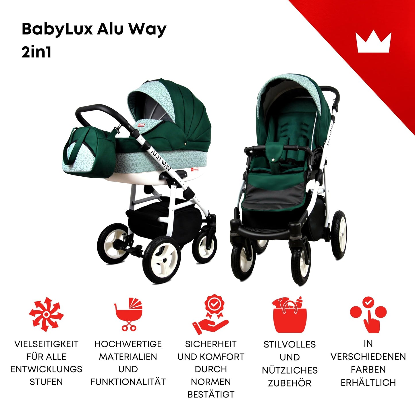 BabyLux® Kinderwagen Set 4 in 1 - Alu Way - incl. Babywanne, Buggy Sportsitz, Auto-Babyschale, ISOFIX-Basisstation - Autositz - Kinderwagenset - Kombikinderwagen mit Wickeltasche usw.