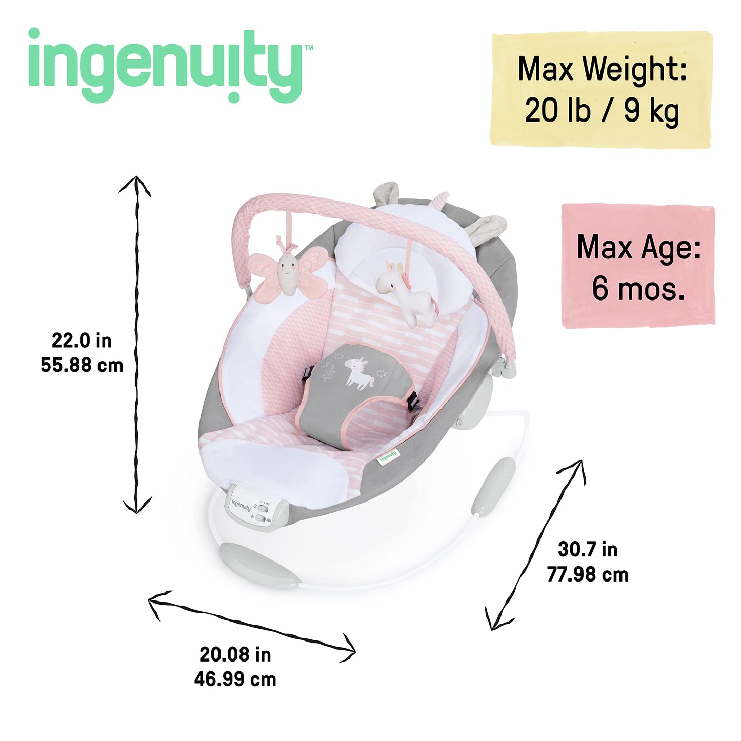 Ingenuity, Morrison Baby Rocker with Soothing Vibrations &amp; 8 Melodies, Play Arch with 2 Toys, Volume Control, Padded Headrest, 3-Point Harness, from Birth to 9 kg 