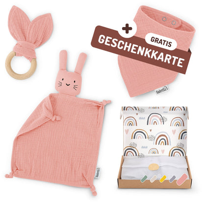 Baby Geschenkset Rosa – Schmusetuch Hase, Holz-Beißring & Halstuch | Musselin