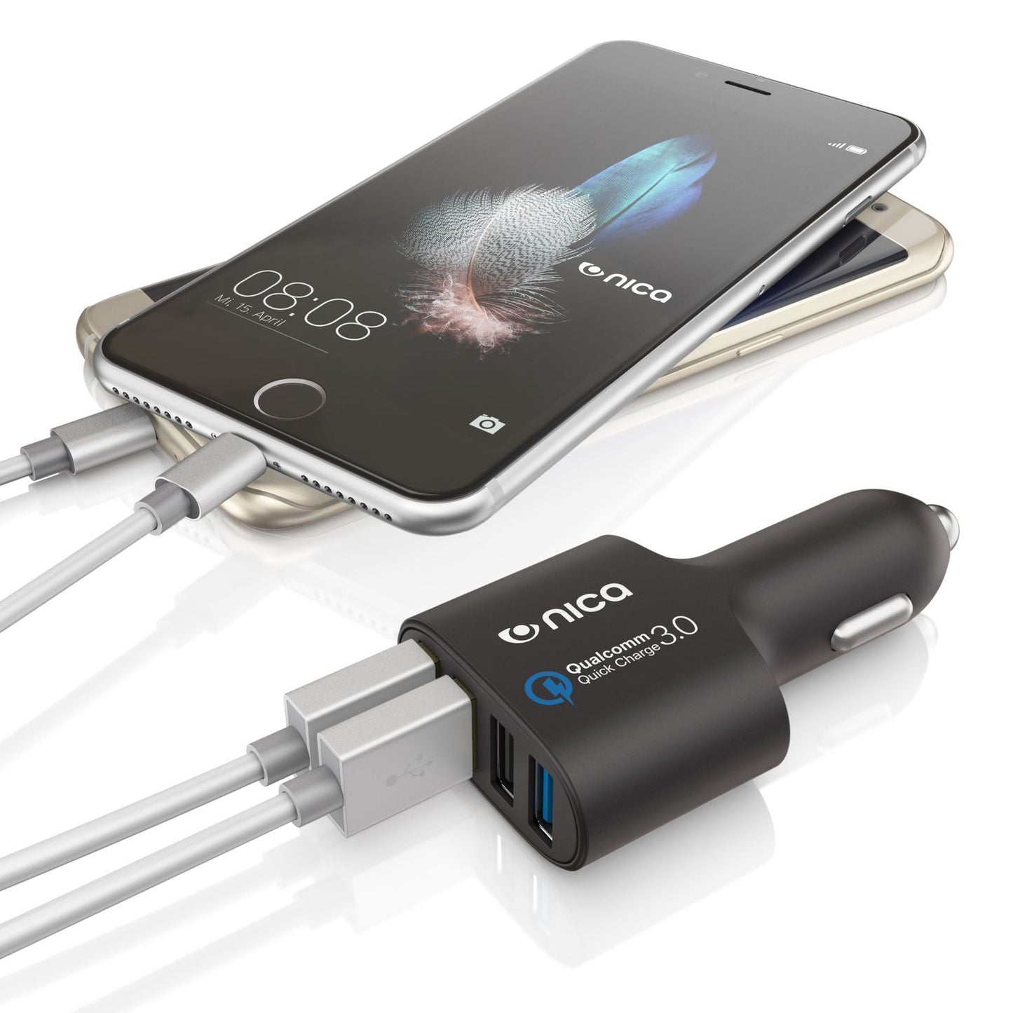 NALIA 4-Port USB Quick-Charge 3.0 Auto-Ladegerät, Car Charger Schnellladegerät Mini Ladestecker Adapter Kfz Zigaretten-Anzünder Power Ladeadapter kompatibel mit iPhone Samsung Huawei Sony Navi Tablet