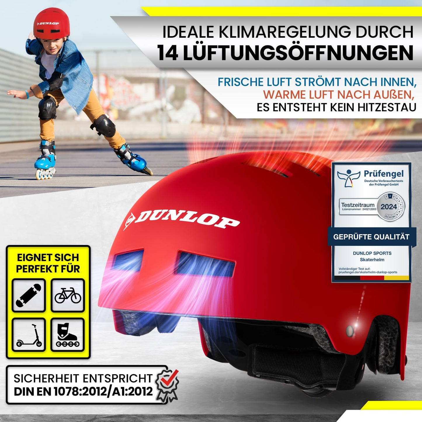 DUNLOP SPORTS Fahrradhelm Kinder Jugendliche Erwachsene - Test Sehr Gut - Leichter robuster Urban Allrounder Helm, 14 Fach belüftet, Schnellverschluss, Auto Kopfanpassung