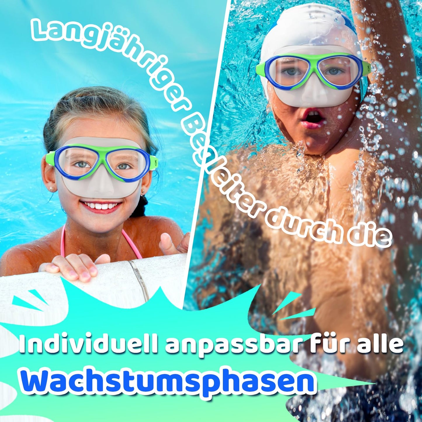 Vvinca Swimming Goggles for Kids with Nose Guard and Fabric Strap, Shatterproof, Anti-Fog and Waterproof for Children 3-14 Years