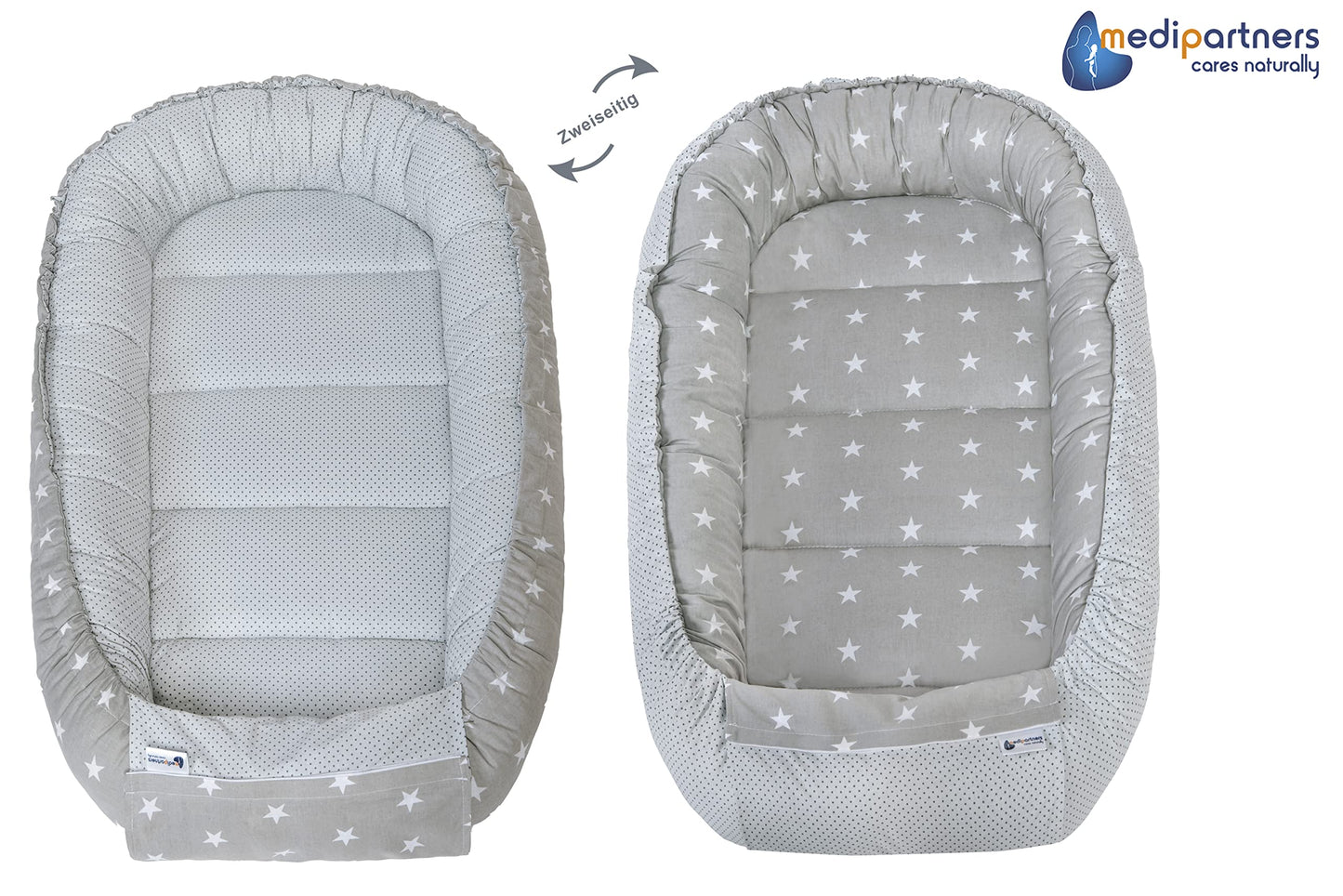 Medi Partners Babynestchen Babynest Set 100x60x15 Kuschelnest 5 teilig herausnehmbarer Einsatz Kokon Nestchen Babys Neugeborene 100% Baumwolle (REH mit Grauem Minky)
