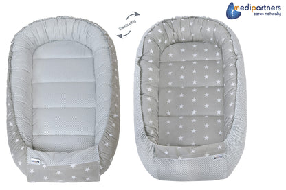 Medi Partners Babynestchen Babynest Set 100x60x15 Kuschelnest 5 teilig herausnehmbarer Einsatz Kokon Nestchen Babys Neugeborene 100% Baumwolle (REH mit Grauem Minky)