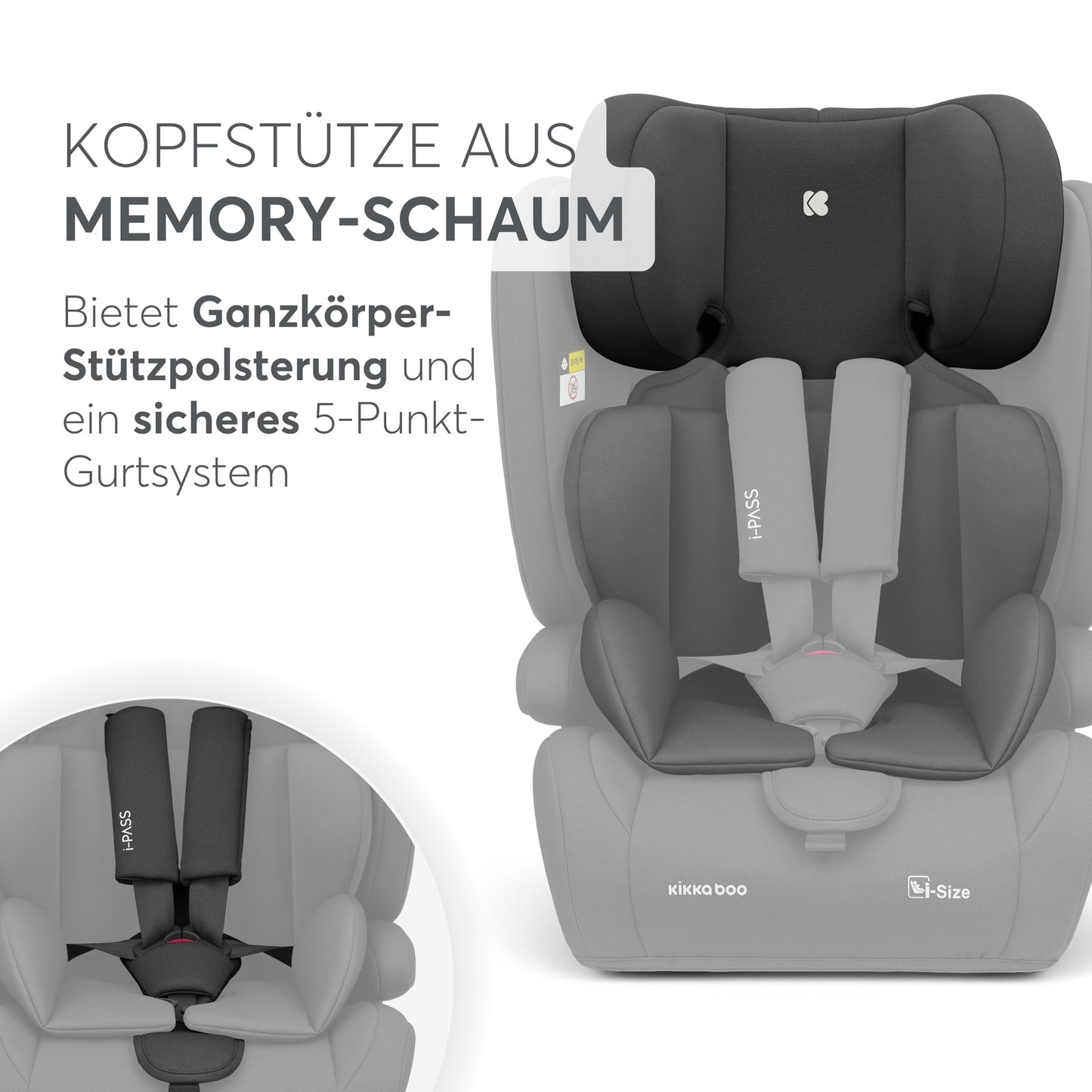 KikkaBoo i-Pass, Kindersitz 9–36 kg, Gruppe 1/2/3 Auto Kindersitz für Kinder 76–150 cm (15 Monate – 12 Jahre), i-Size, 13-fach verstellbare Kopfstütze, Schwarz - Meloni2