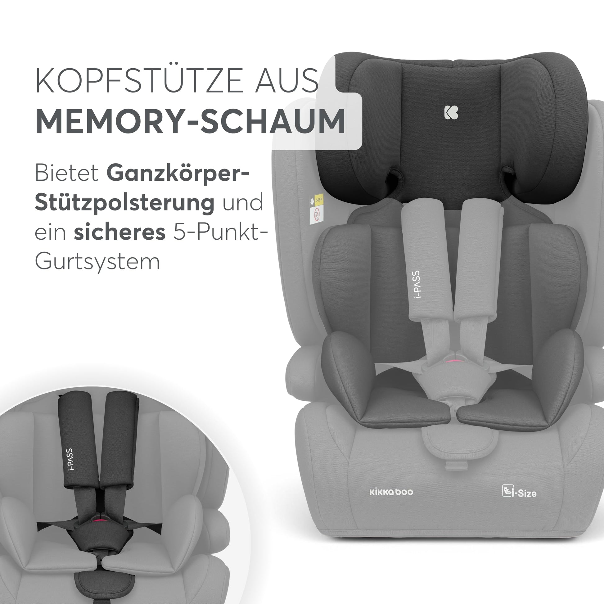 KikkaBoo i-Pass, Kindersitz 9–36 kg, Gruppe 1/2/3 Auto Kindersitz für Kinder 76–150 cm (15 Monate – 12 Jahre), i-Size, 13-fach verstellbare Kopfstütze, Schwarz - Meloni2