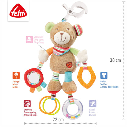 Fehn Activity-Spieltier Teddy – Baby Motorikspielzeug für Kinderwagen, Kinderbett und Babyschale zum Beißen, Greifen und Geräusche erzeugen – Beißring Spielzeug für Babys und Kinder ab 0+ Monaten
