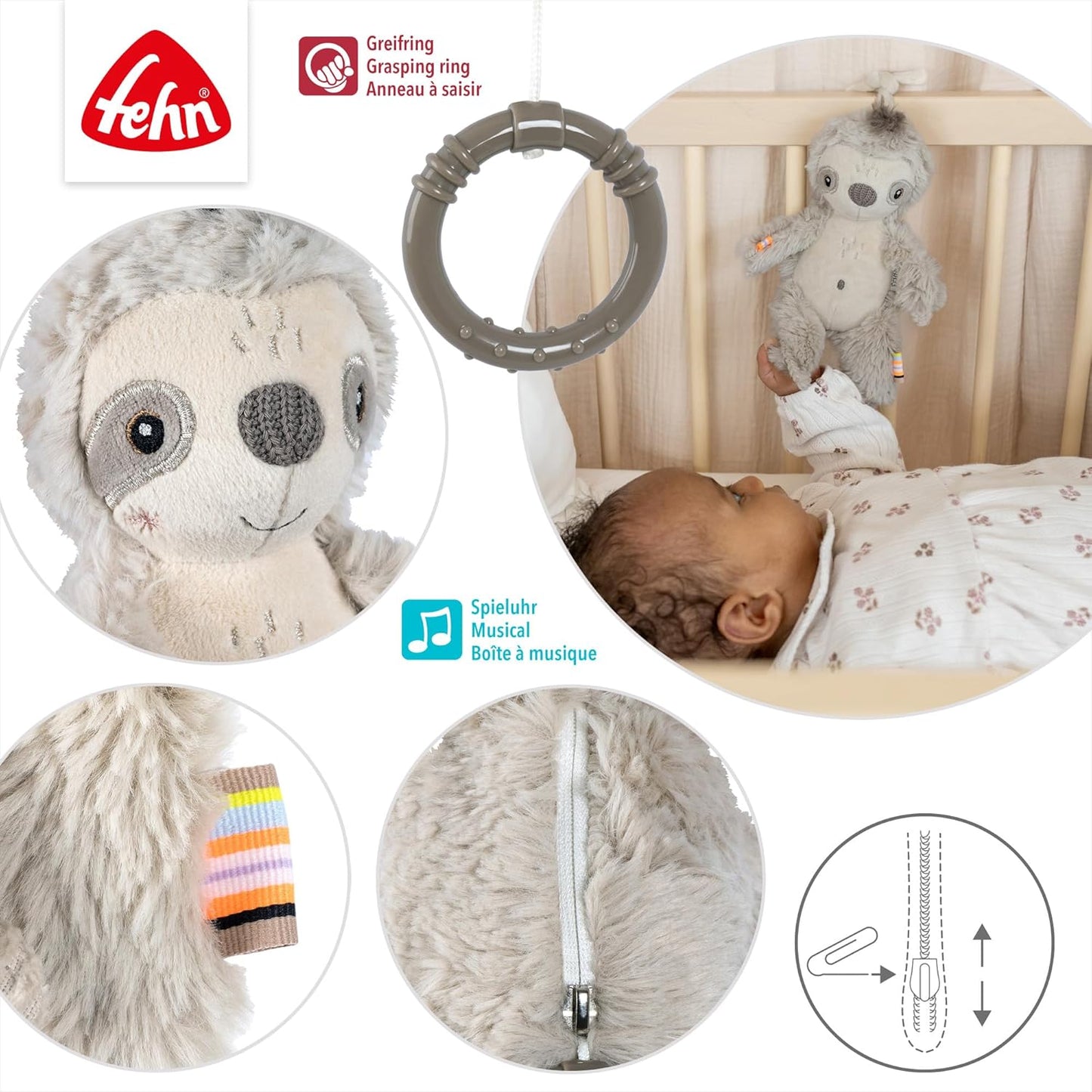 Fehn Mini-Spieluhr Faultier – Kuscheltier & Einschlafhilfe: Aufzieh-Spieluhr mit sanfter Melodie "Weißt du wieviel Sternlein stehen" – für Babys und Kleinkinder ab 0+ Monaten