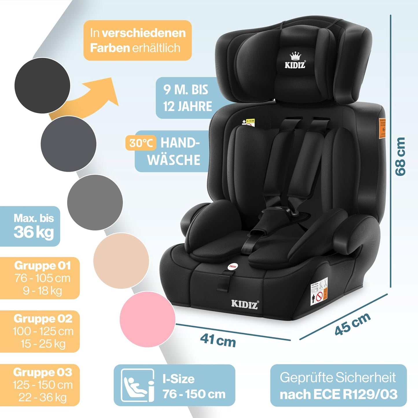 Autokindersitz mit Isofix i-Size R129 100-150cm bis 12 Jahre, Kinderautositz Gruppe 1/2/3, mitwachsender Kindersitz, 5-Punkt-Gurt & höhenverstellbare Kopfstütze, Sitzerhöhung Auto, Schwarz