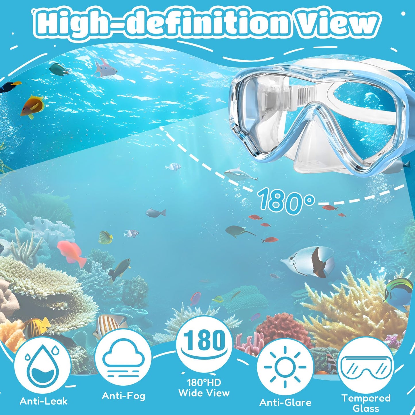 NLMWTI Children's Snorkel Set with 180° Panorama HD Vision, Anti-Fog & Anti-Leakage, Durable Safety Glass, Adjustable Side Straps