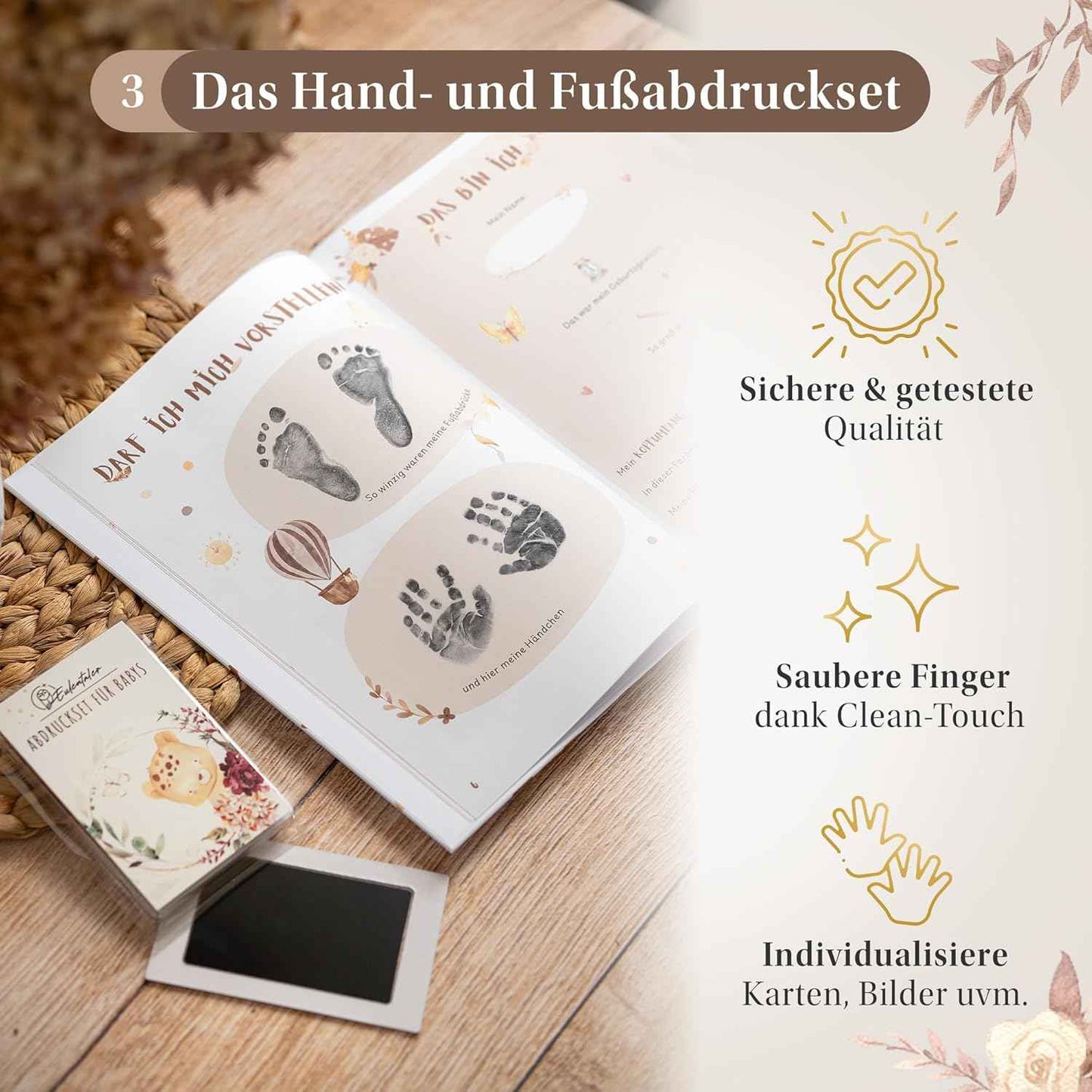 EULENTALER® Mein erstes Jahr I Die Erinnerungsbox 3in1 Sparset I Von Pädagogen gestaltet I Babyalbum, Meilensteinkarten, Baby Abdruckset I Geschenke zur Geburt & Babyparty I Für Jungen & Mädchen