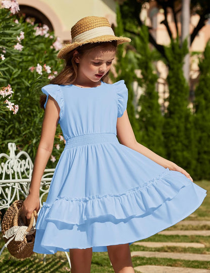 Arshiner Girls Dresses Flutter Sleeves Kids Summer Cotton Formal Dress A-Line Waist Lace-up Casual Dress Swing Dress Elegant Sleeveless Dress for Girls 5-13 Years 