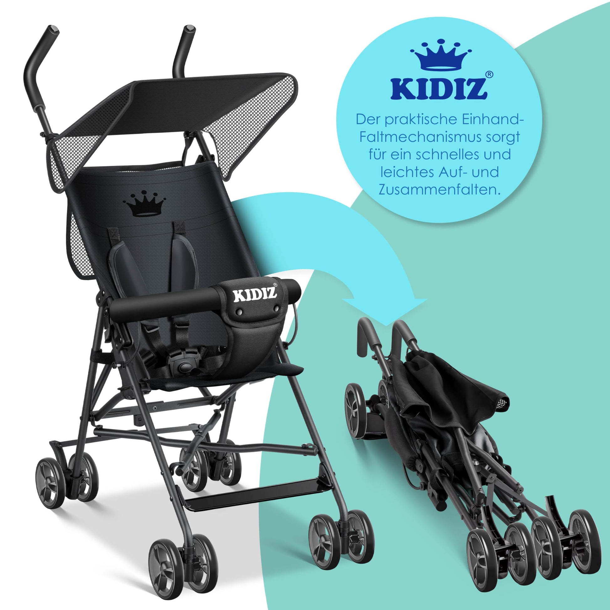 KIDIZ® City Buggy Foldable 360° 4 Inch Wheels Including Sun and Rain Cover Foldable 5-Point Safety Belt from 6 Months Anthracite - Meloni2