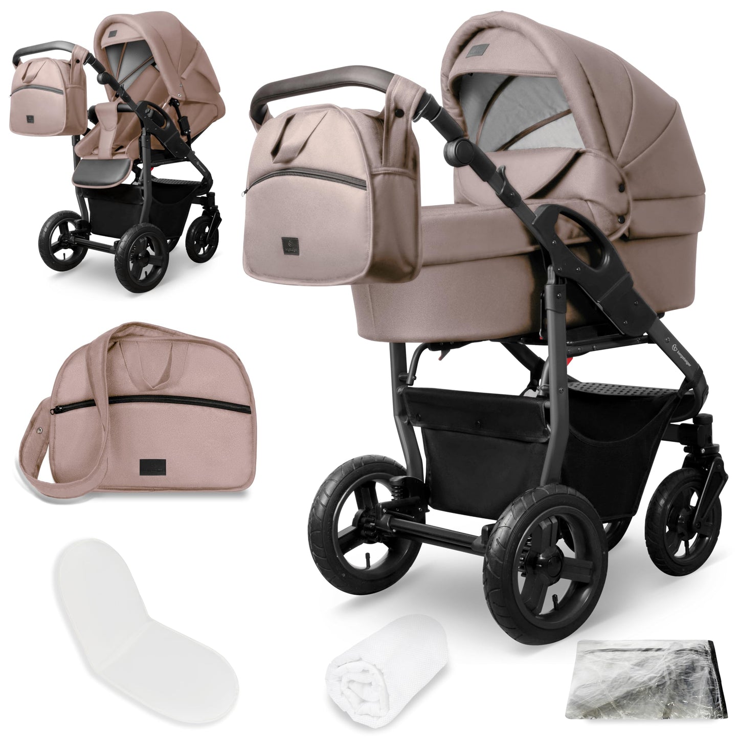 Bergsteiger Capri 3-in-1 Combination Pushchair - Baby Carrier, Sports Seat & i-Size Baby Seat, Pneumatic Tyres, Suspension, Height-Adjustable Handle, Foldable, Accessories