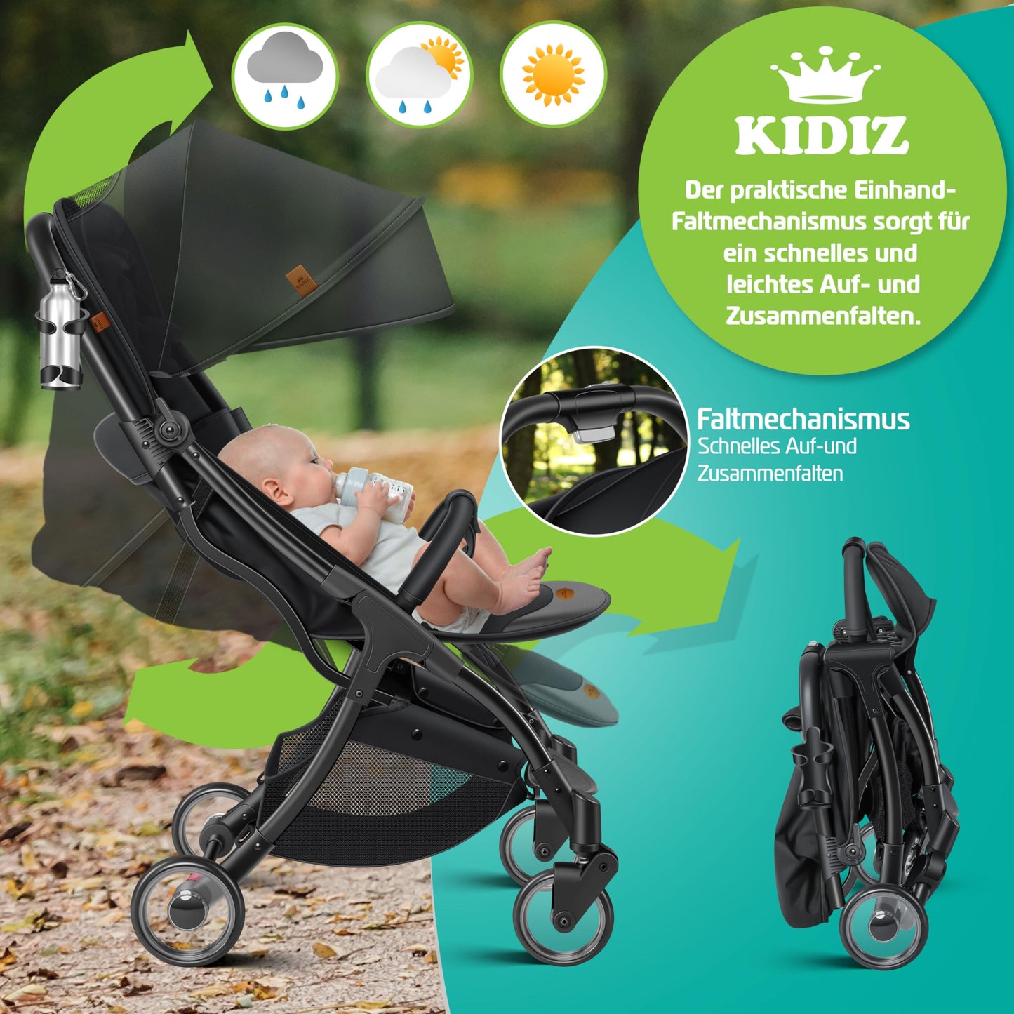 KIDIZ® Folding Pushchair, Sports Pram, 360° Wheels, 5-Point Harness, incl. Drinks Holder, Rain Cover, Adjustable Backrest and Sun Canopy, Red