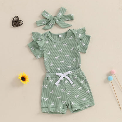 3tlg Baby Mädchen Sommer Kleidung Set Rüschen Kurzarm Strampler + Rüschen Shorts + Stirnband Babyset Weiche Neugeborene Ausgehen Outfit