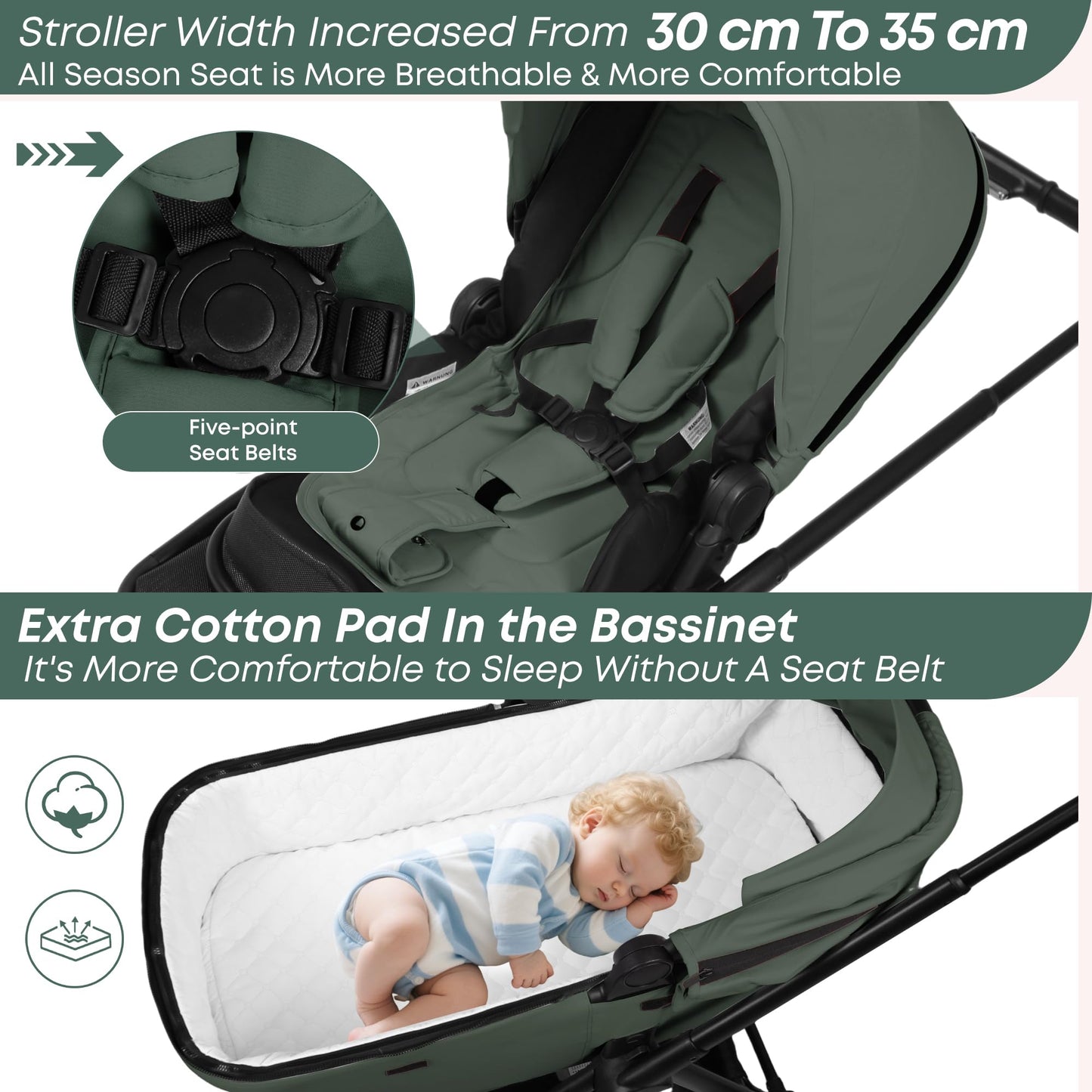 BabyVoyage Kombikinderwagen 2-in-1 ohne Babyschale – Babywanne & Sportsitz, Räder 360° Stoßdämpfer, Federung, höhenverstellbarer Griff, Faltbar, Zubehö-Grün