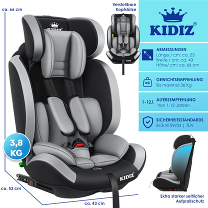 KIDIZ® Autokindersitz Kinderautositz Gruppe 1+2+3 9-36 kg 5-Punkt-Sicherheitsgurt, Autositz, Kindersitz, Einstellbare Kopfstütze, Mitwachsende Sitzerhöhung 1-12 Jahre, Stabil und Sicher