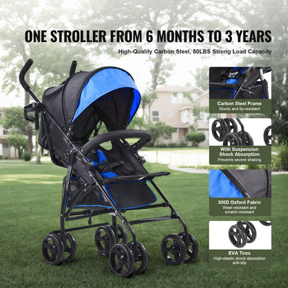 VEVOR Leichter Kinderwagen, kompakt, einfach zusammenklappbar, mit verstellbarer Rückenlehne, Rahmen aus Karbonstahl, großer Aufbewahrungskorb, Kinderwagen mit Schirm für Reisen und mehr, Schwarz/Pink - Meloni2