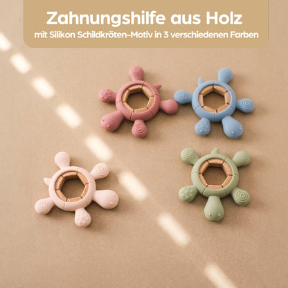 Schildkröte Beißring für Baby Natur Holz & Silikon Blau - Kauspielzeug, Zahnen-Hilfe & Greifling - Babyspielzeug Beissring Geschenk zur Geburt - Holz-Spielzeug nachhaltig, BPA-frei schadstofffrei