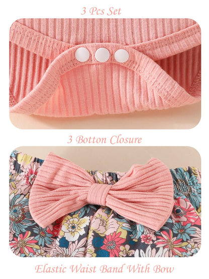 Neugeborenes Baby Mädchen Kleidung Kleinkind Gerippte Rüschen Langarm Strampler + Floral Hosen + Stirnband Nette Herbst Outfit Set