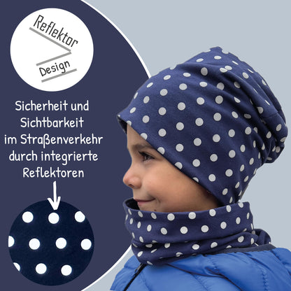 Heckbo 360° Reflector Children's Hat & Loop Scarf Set, Many Designs, 2–8 Years, 95% Cotton, Soft & Easy-Care Stretch Material, for Boys, Girls, Beanie for Spring, Summer, Autumn, Winter