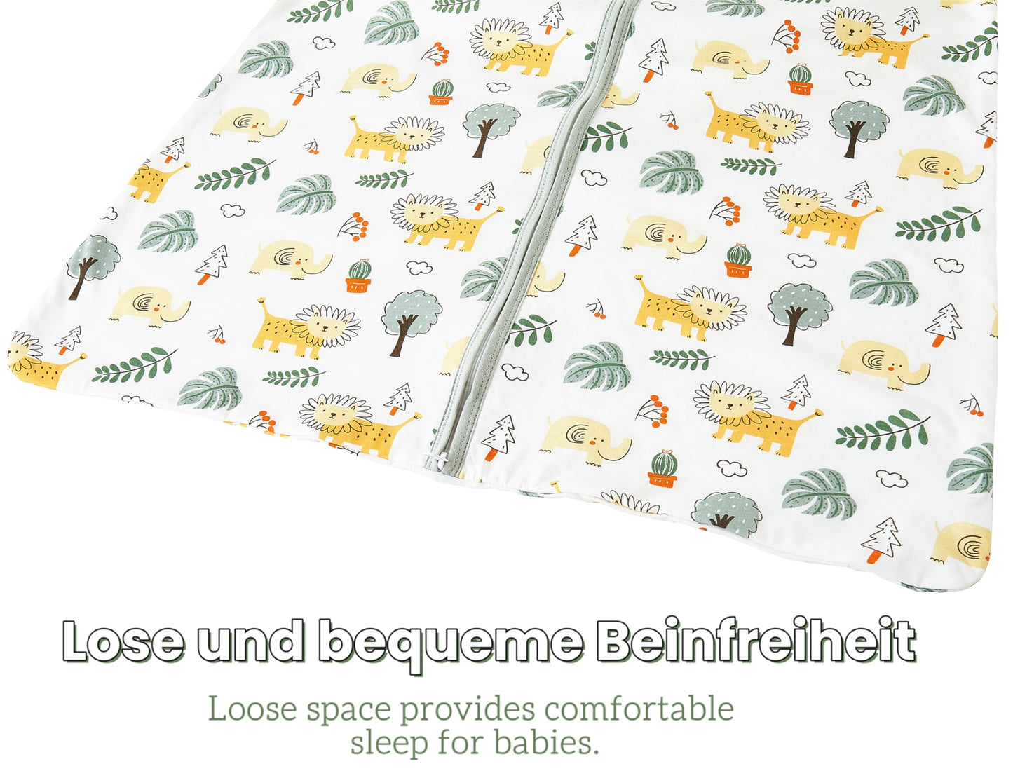 Chilsuessy Children's Sleeping Bag 1.5 Tog Pack of 2 Baby Sleeping Bag Made of 100% Cotton, Baby All-Year Sleeping Bag Pyjamas for Boys and Girls, 1.5 Tog/Elephant Lion + Green, 110 cm / Baby Height